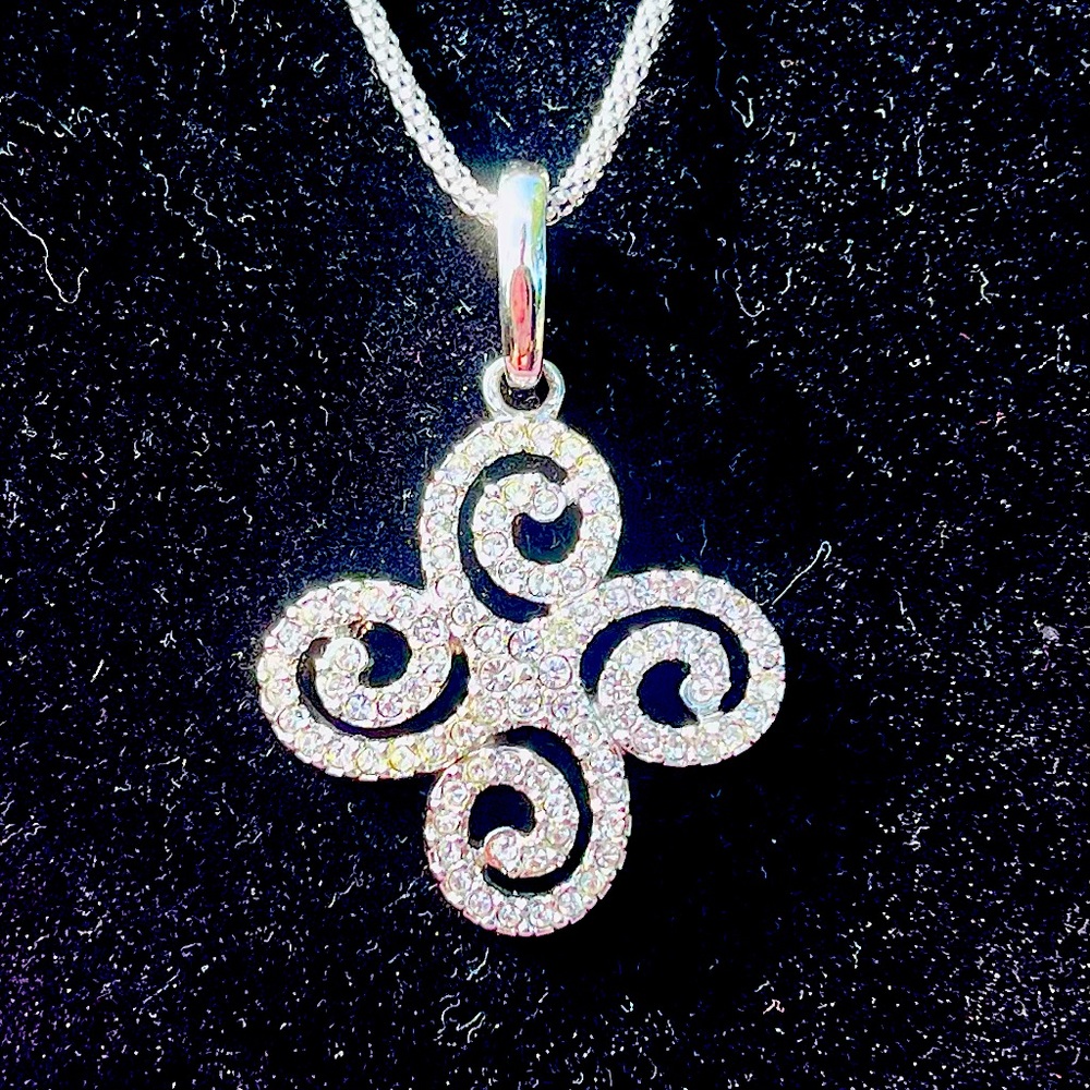 Swarovski rhodium plated pinwheel swirls of crystals on Italian silver chain